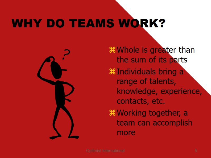 Optimist International 5 WHY DO TEAMS WORK? Whole is greater than the sum of